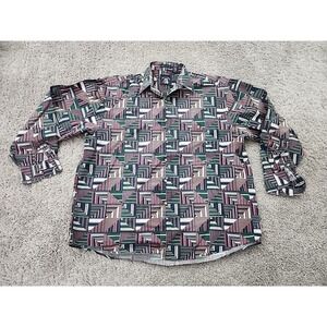Salty Dog Button Up Shirt Mens L Green Geometric Patchwork 90s Vintage